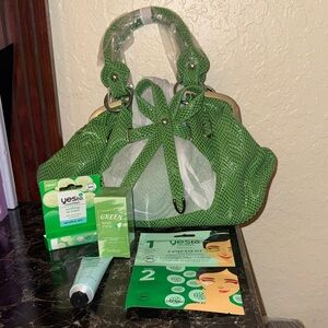 Green Bundle Handbag, Green Mask Stick, Eye Kit, Goatmilk Hand Therapy, Lip balm